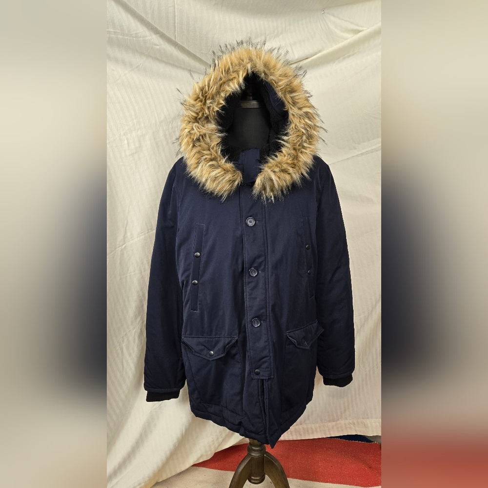 Express Mens XL Navy Parka Removable Flaux Fur.   Brn